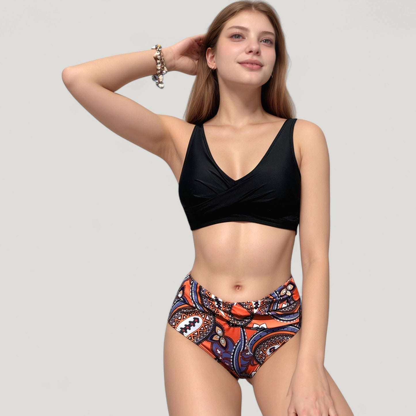 Anna-Kaci Swim Women's Wrap Front Bikini Top and High Waist Printed Bottom Two-Piece Swimsuit with Paisley Pattern Design