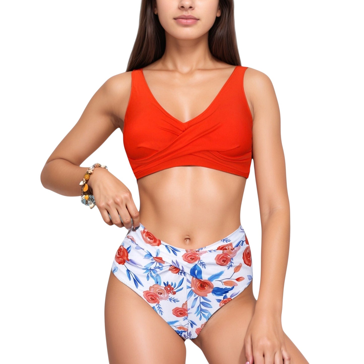 Anna-Kaci Swim Women's Wrap Front Bikini Top and High Waist Printed Bottom Two-Piece Swimsuit with Paisley Pattern Design
