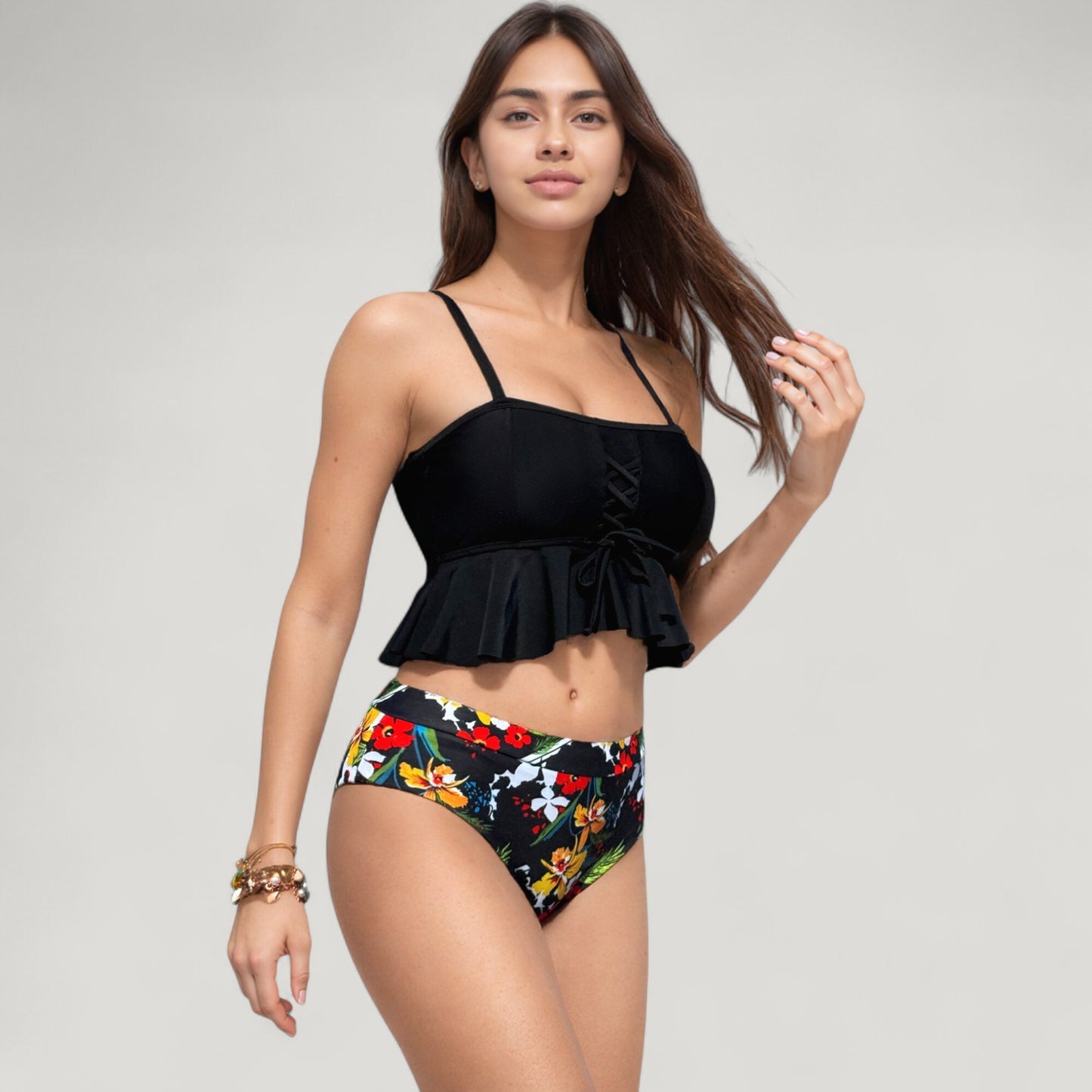 Anna-Kaci Swim Women's Peplum Lace-Up Tankini Top and High Waist Floral Print Bikini Bottom Two-Piece Swimsuit