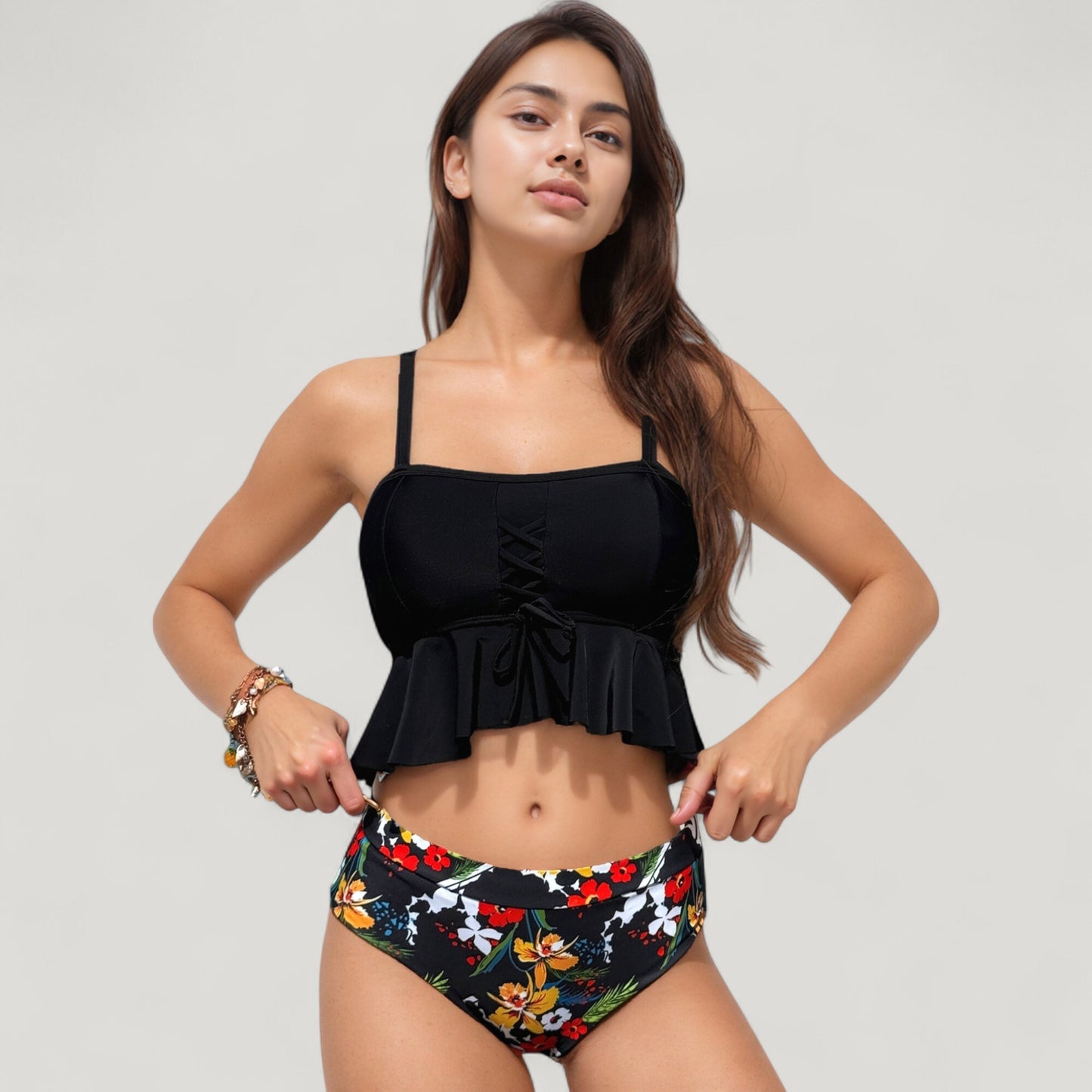 Anna-Kaci Swim Women's Peplum Lace-Up Tankini Top and High Waist Floral Print Bikini Bottom Two-Piece Swimsuit