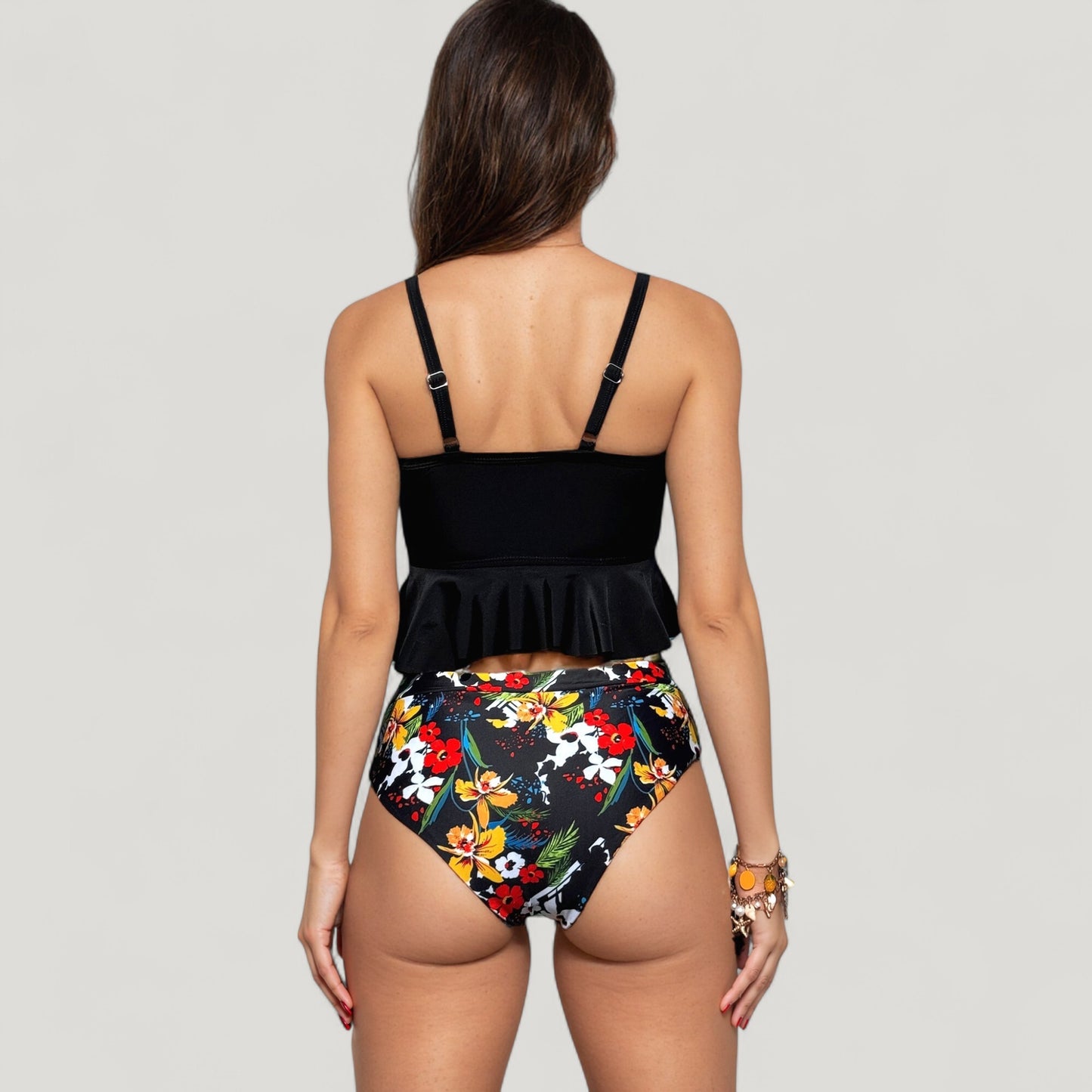 Anna-Kaci Swim Women's Peplum Lace-Up Tankini Top and High Waist Floral Print Bikini Bottom Two-Piece Swimsuit