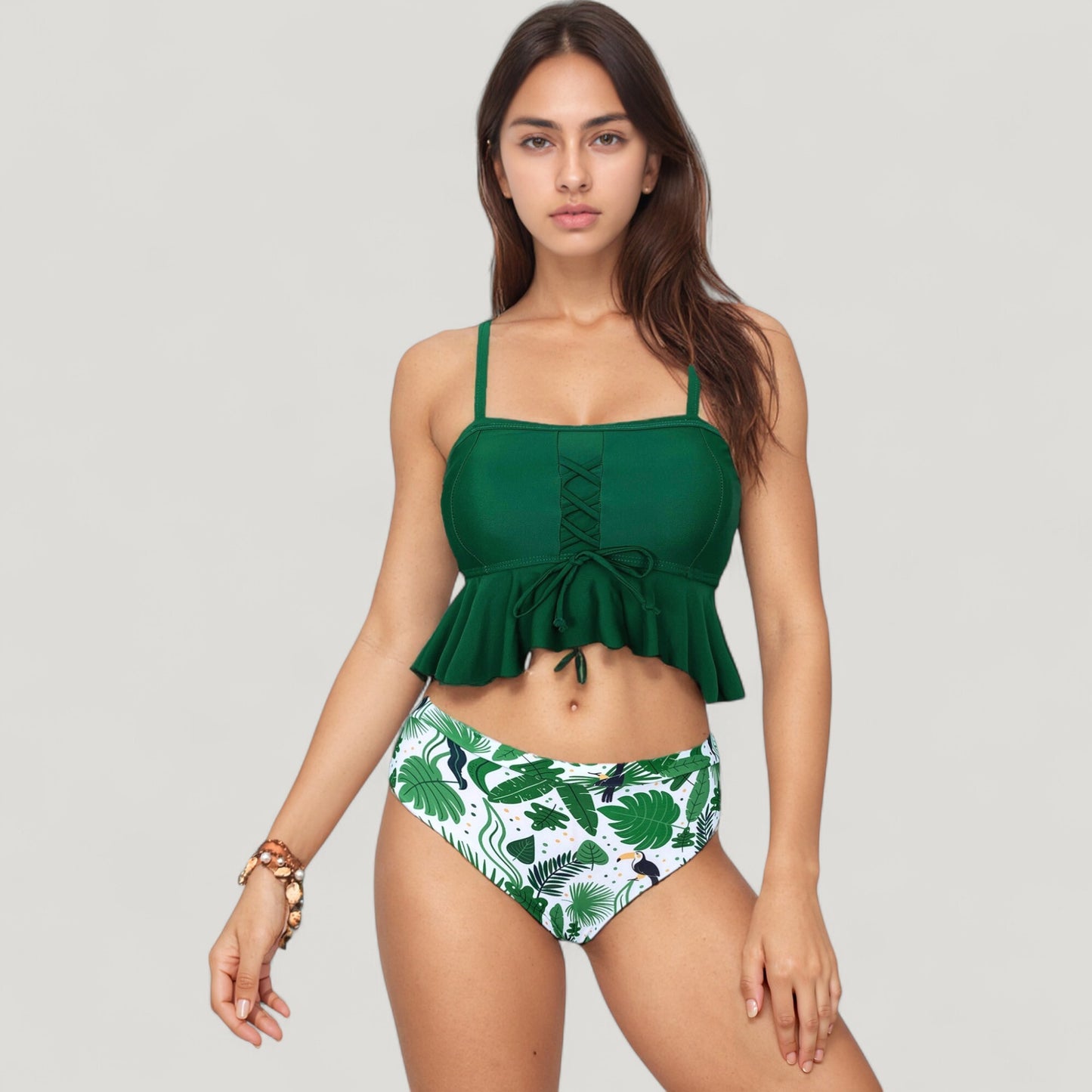 Anna-Kaci Swim Women's Peplum Lace-Up Tankini Top and High Waist Floral Print Bikini Bottom Two-Piece Swimsuit