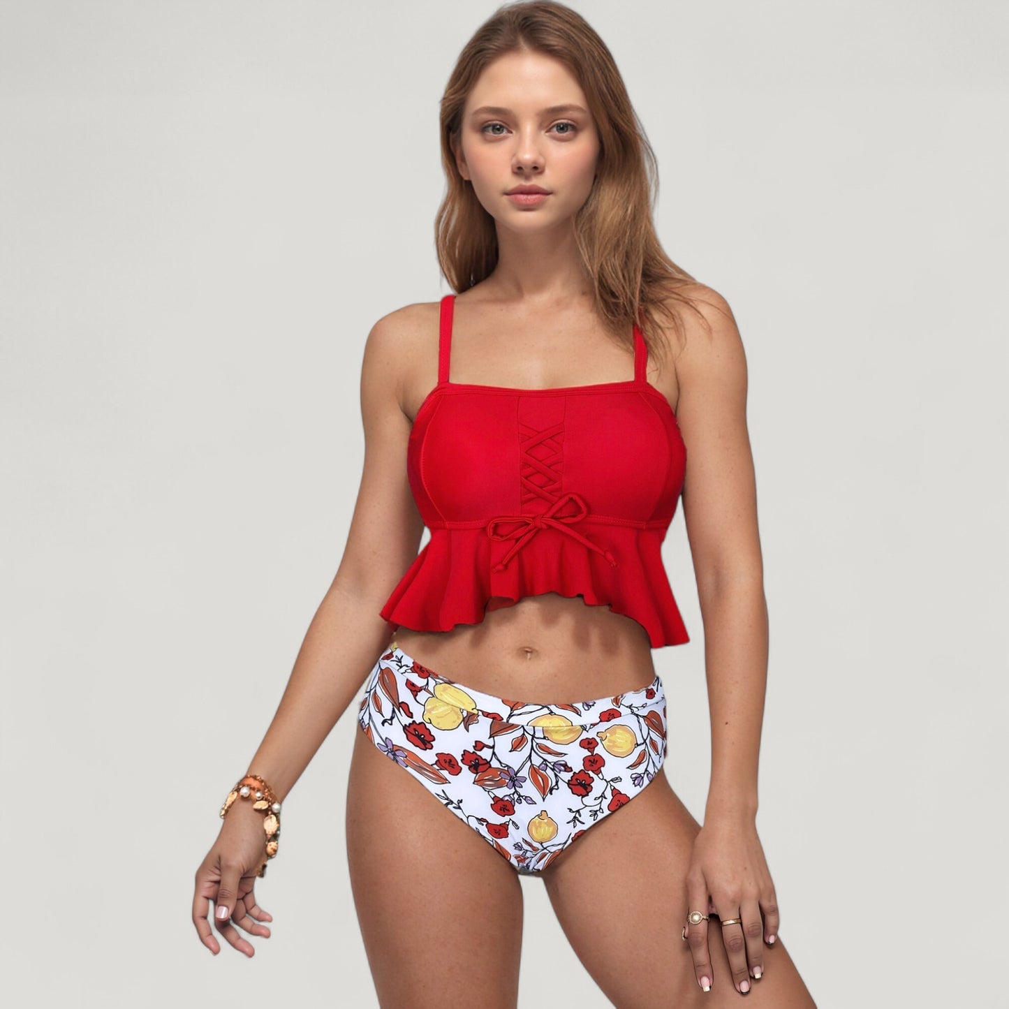 Anna-Kaci Swim Women's Peplum Lace-Up Tankini Top and High Waist Floral Print Bikini Bottom Two-Piece Swimsuit