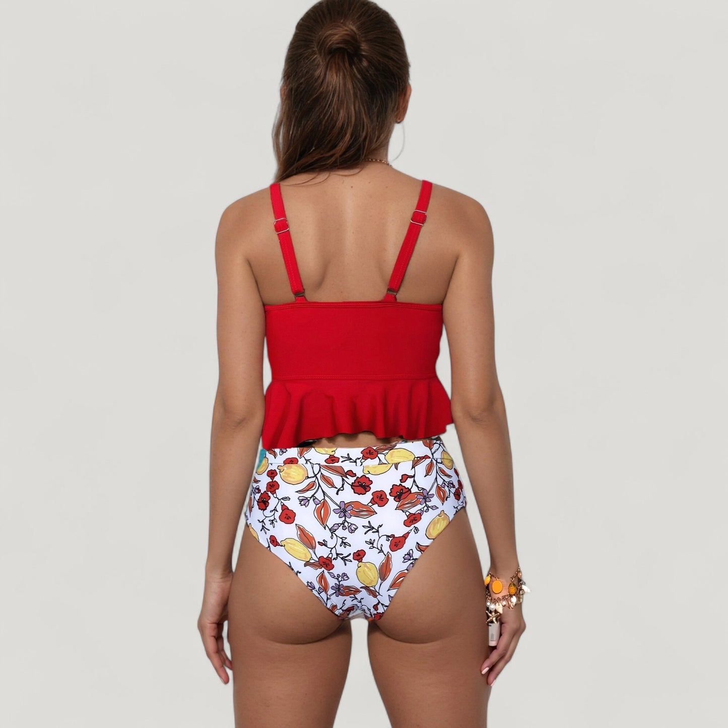 Anna-Kaci Swim Women's Peplum Lace-Up Tankini Top and High Waist Floral Print Bikini Bottom Two-Piece Swimsuit