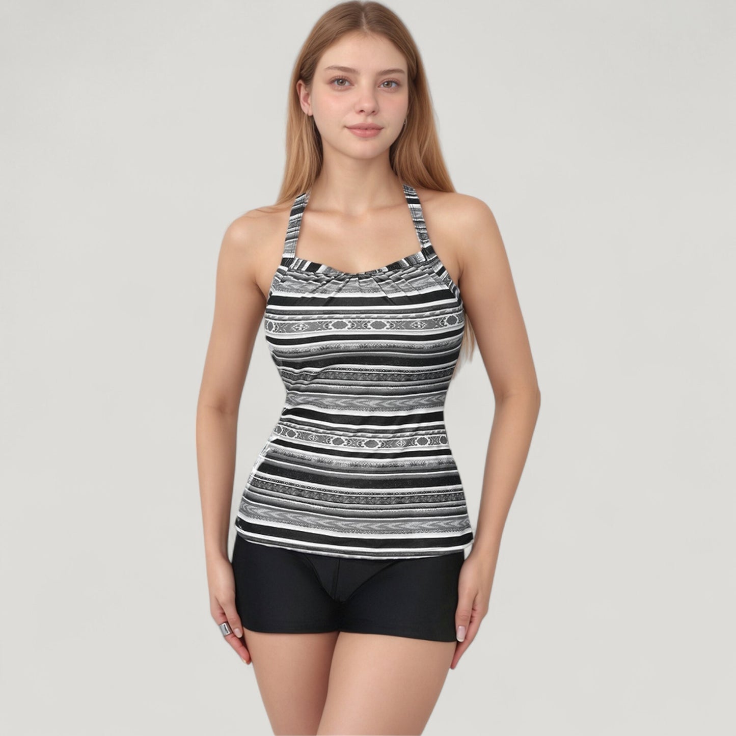 Anna-Kaci Swim Women's Striped Tankini Top and Mid-Rise Swim Shorts Two-Piece Swimsuit with Ruched Neckline and Wide Shoulder Straps