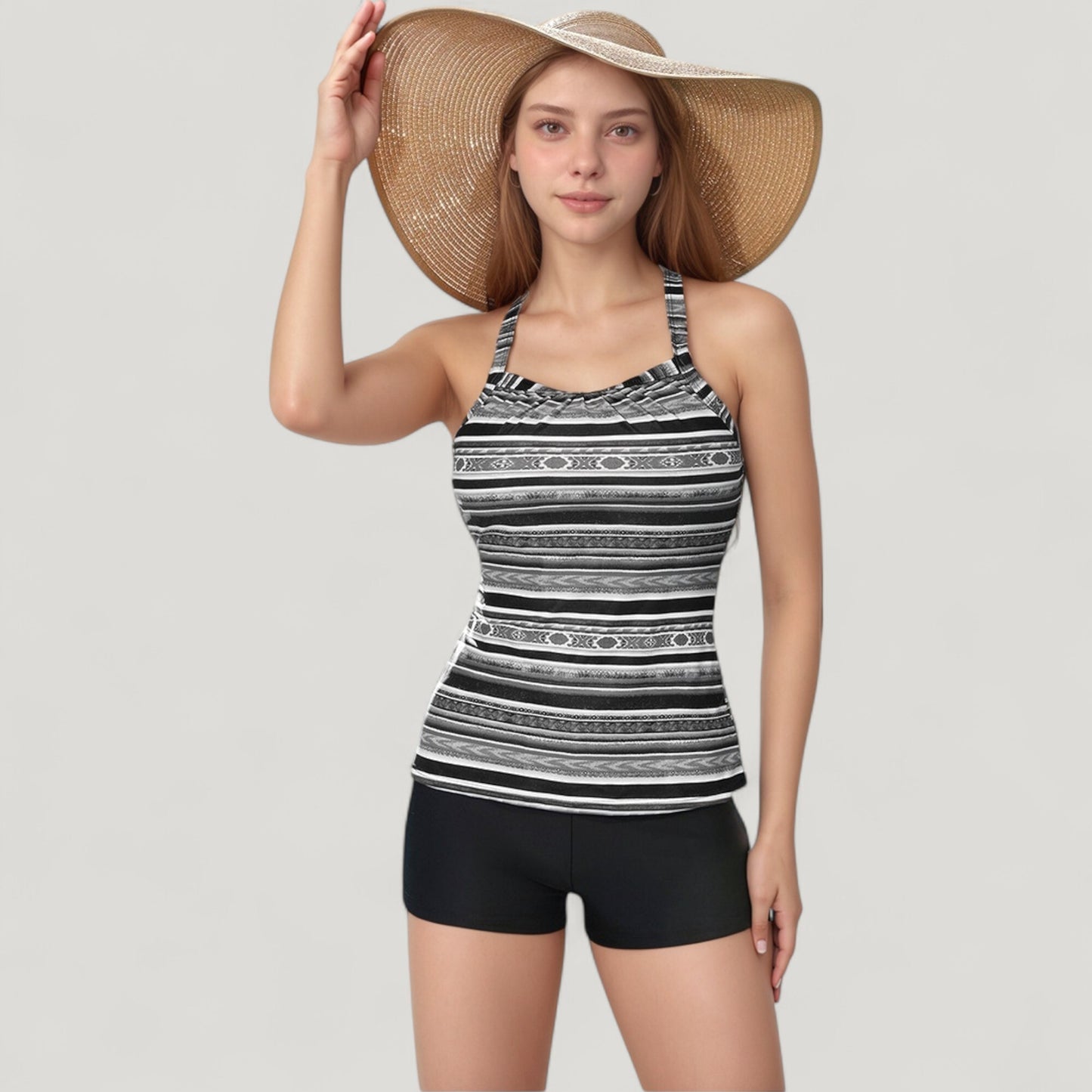 Anna-Kaci Swim Women's Striped Tankini Top and Mid-Rise Swim Shorts Two-Piece Swimsuit with Ruched Neckline and Wide Shoulder Straps