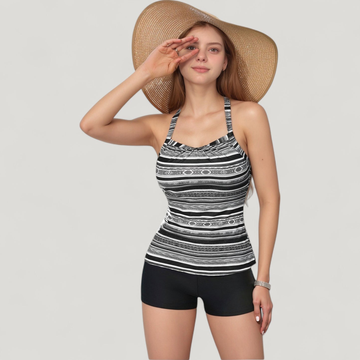 Anna-Kaci Swim Women's Striped Tankini Top and Mid-Rise Swim Shorts Two-Piece Swimsuit with Ruched Neckline and Wide Shoulder Straps