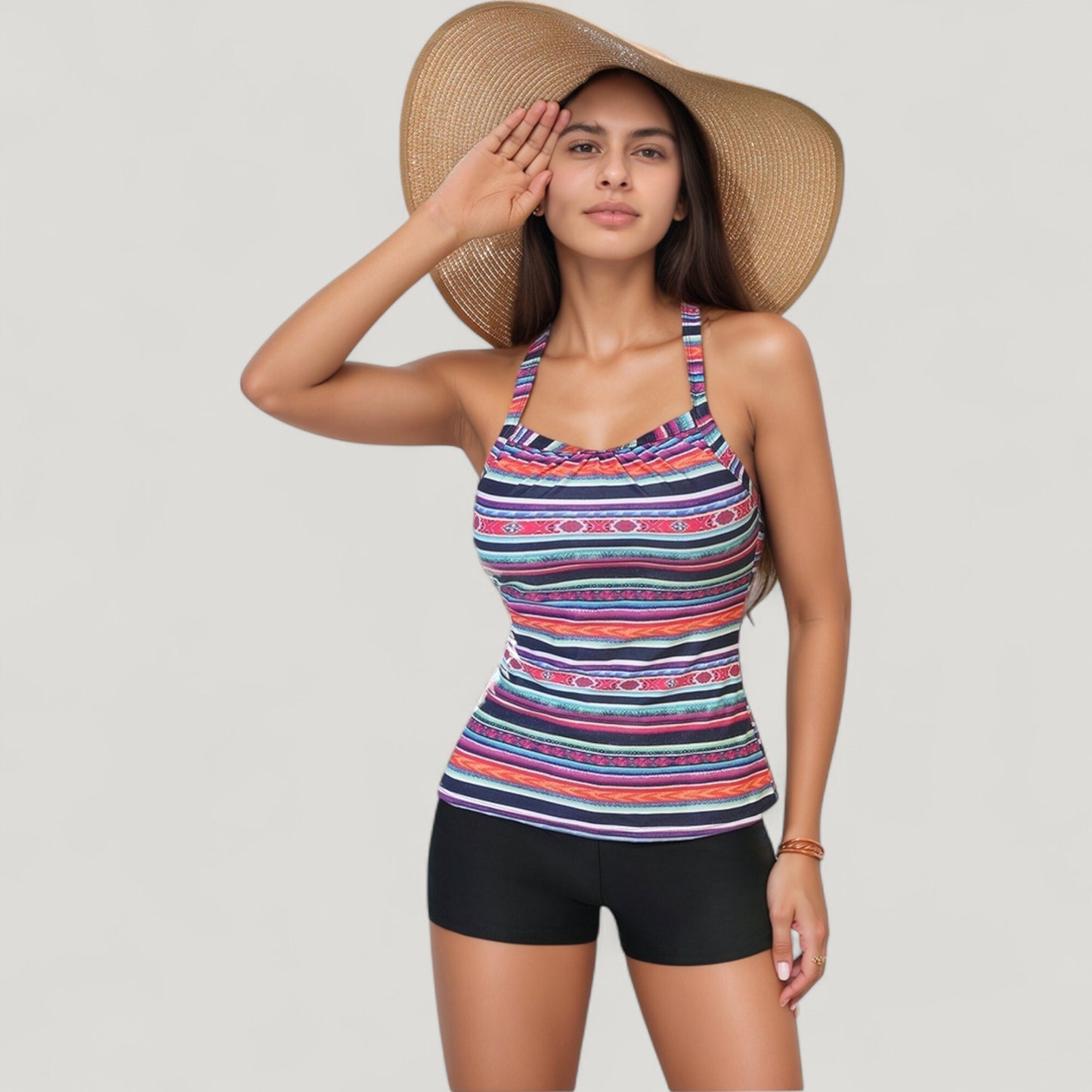 Anna-Kaci Swim Women's Striped Tankini Top and Mid-Rise Swim Shorts Two-Piece Swimsuit with Ruched Neckline and Wide Shoulder Straps