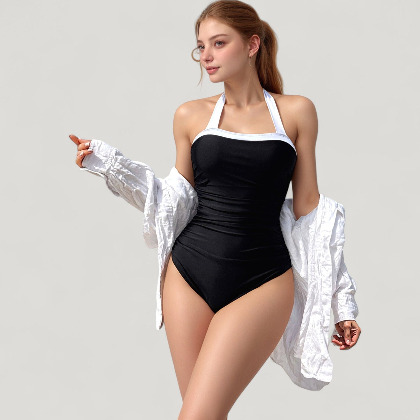 Anna-Kaci Swim Women's Halter One-Piece Swimsuit with Contrast Trim and Ruched Body for Flattering Support