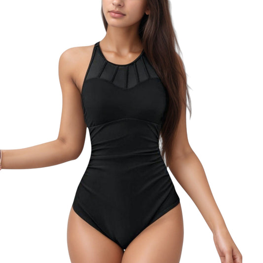 Anna-Kaci Swim Women's High Neck Mesh Panel One-Piece Swimsuit with Ruched Waist and Full Coverage Design
