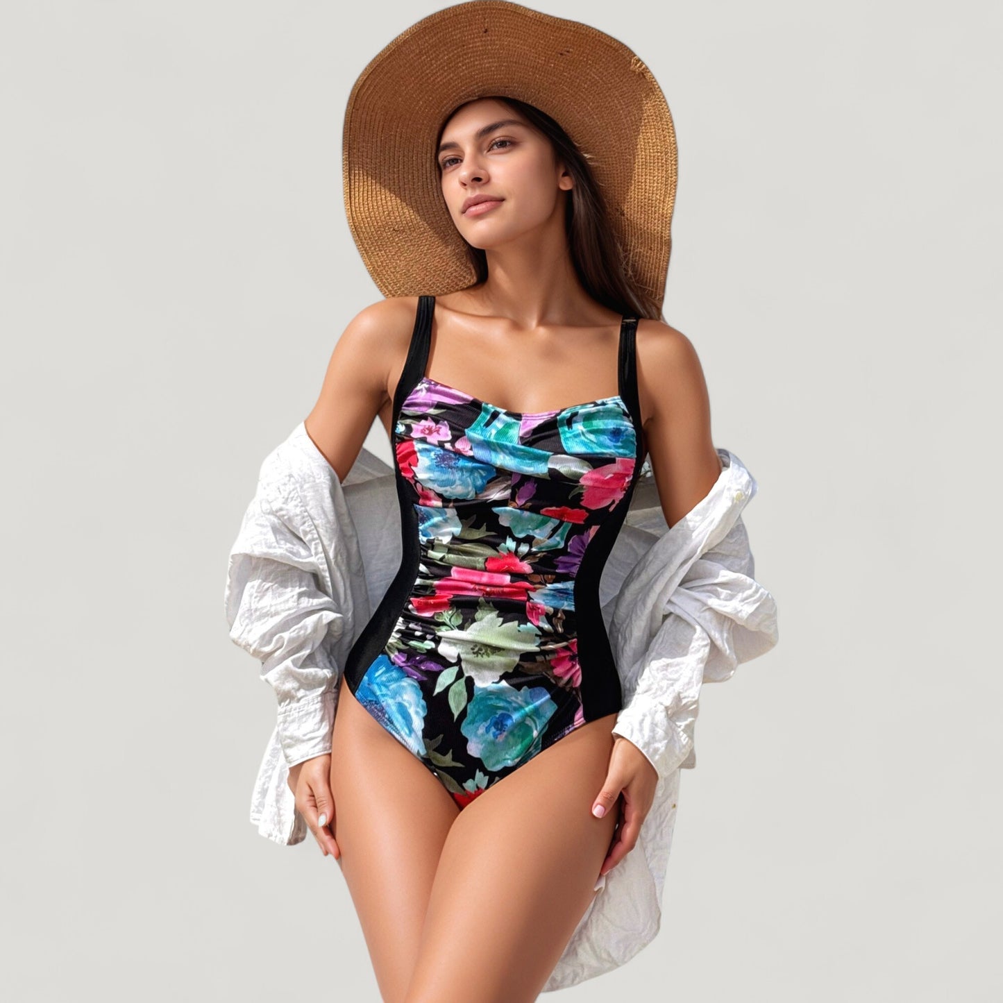 Anna-Kaci Swim Women's One-Piece Swimsuit with Ruched Floral Front Panel and Slimming Solid Side Insets