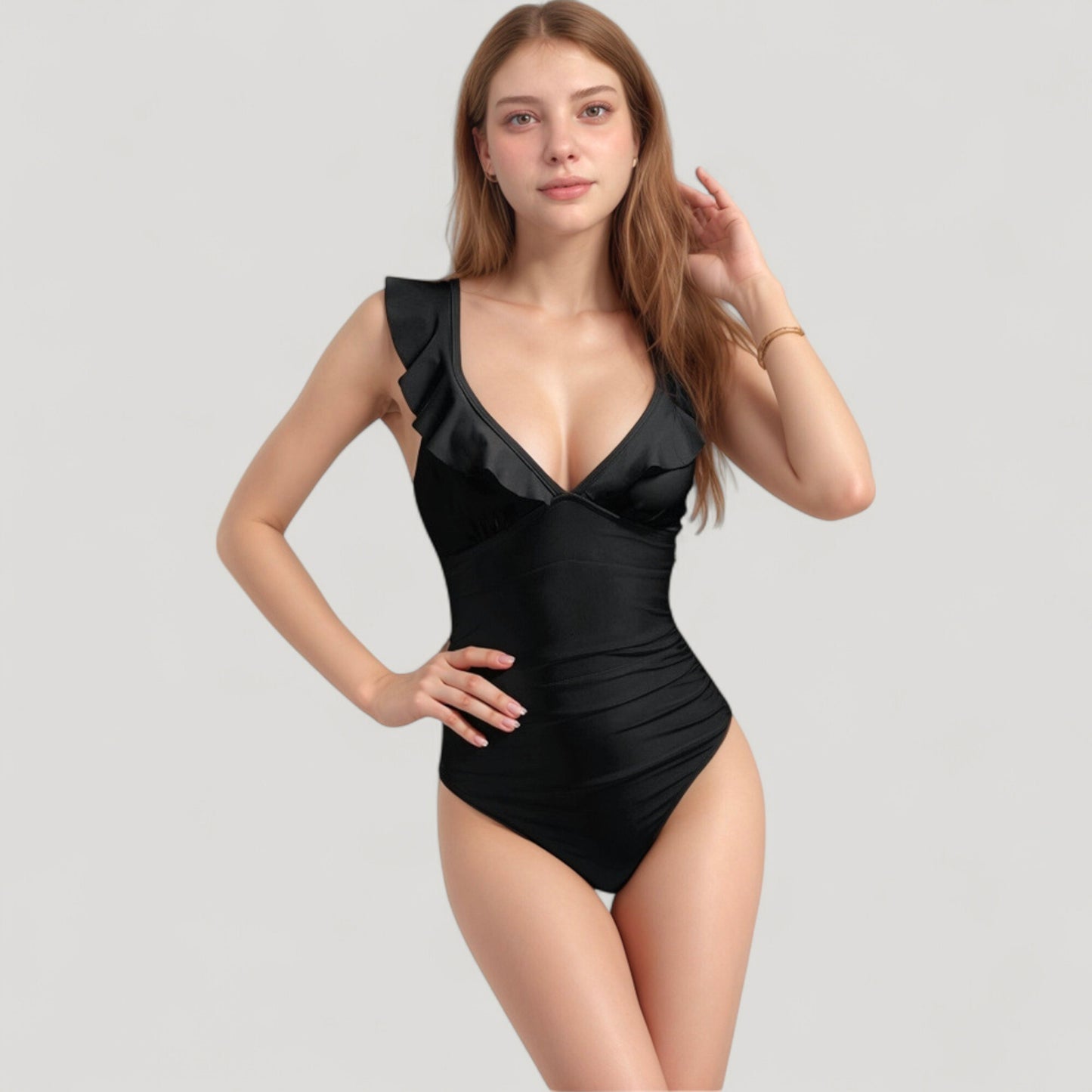 Anna-Kaci Swim Women's One Piece Swimsuit with Ruffle Shoulder Straps Deep V-Neckline and Front Ruched Detail