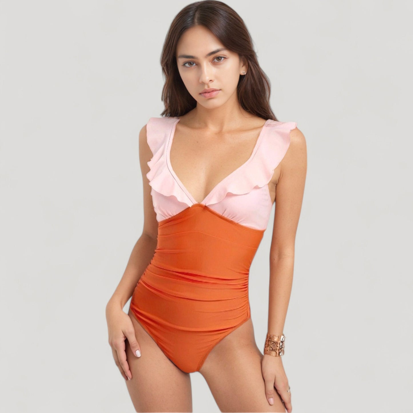 Anna-Kaci Swim Women's One Piece Swimsuit with Ruffle Shoulder Straps Deep V-Neckline and Front Ruched Detail