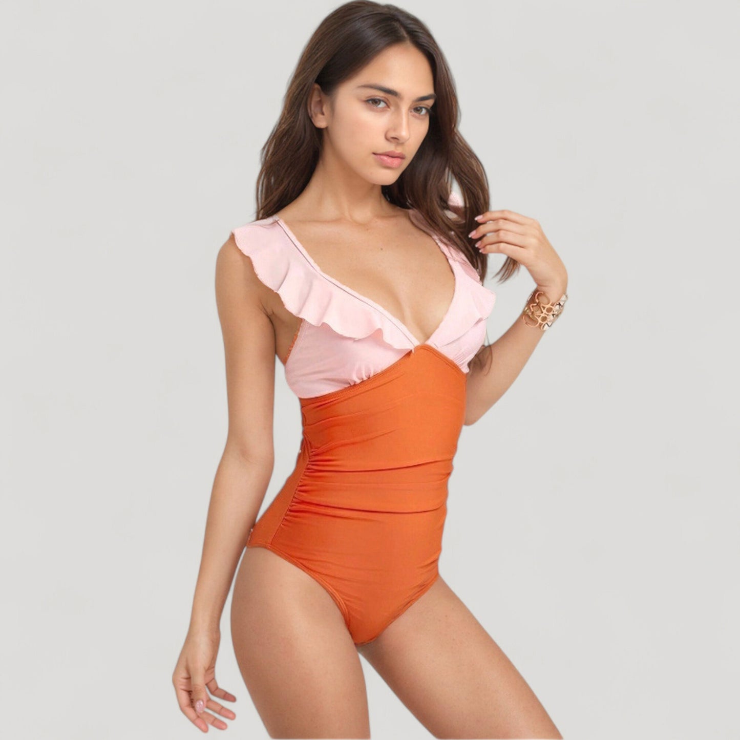 Anna-Kaci Swim Women's One Piece Swimsuit with Ruffle Shoulder Straps Deep V-Neckline and Front Ruched Detail