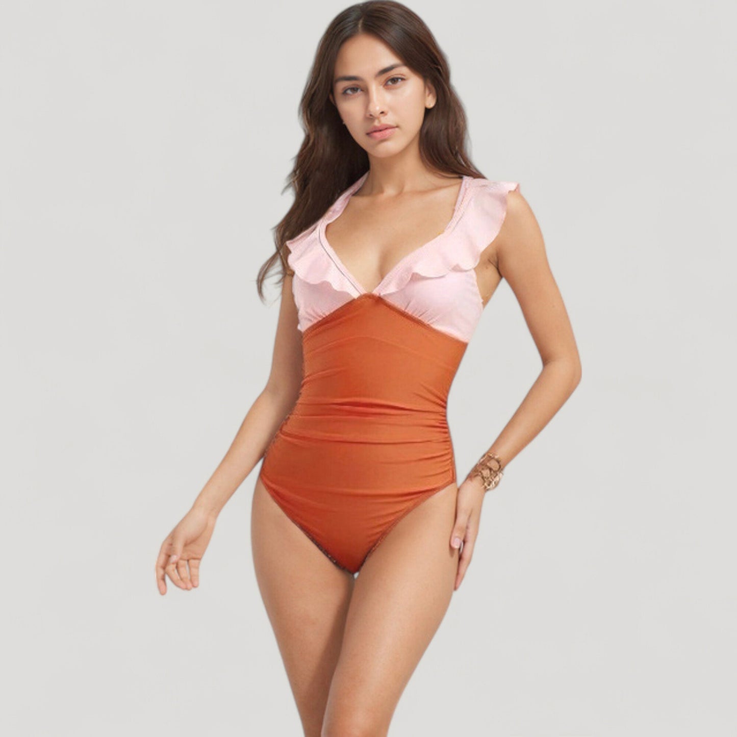Anna-Kaci Swim Women's One Piece Swimsuit with Ruffle Shoulder Straps Deep V-Neckline and Front Ruched Detail