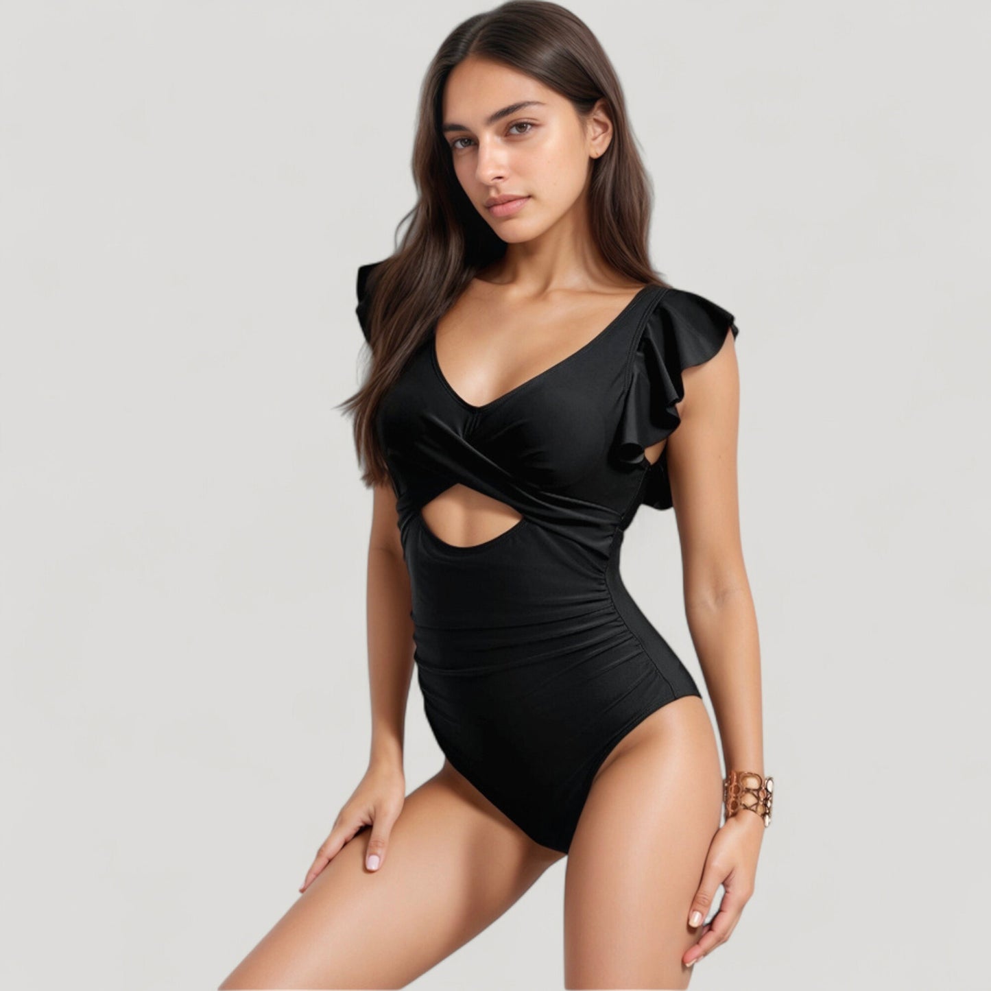 Anna-Kaci Swim Women's Ruffle Sleeve One Piece Swimsuit Cut Out Front Detail Ruched Waist Deep V Neckline