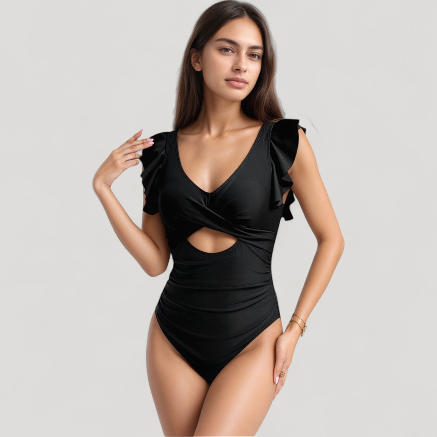 Anna-Kaci Swim Women's Ruffle Sleeve One Piece Swimsuit Cut Out Front Detail Ruched Waist Deep V Neckline
