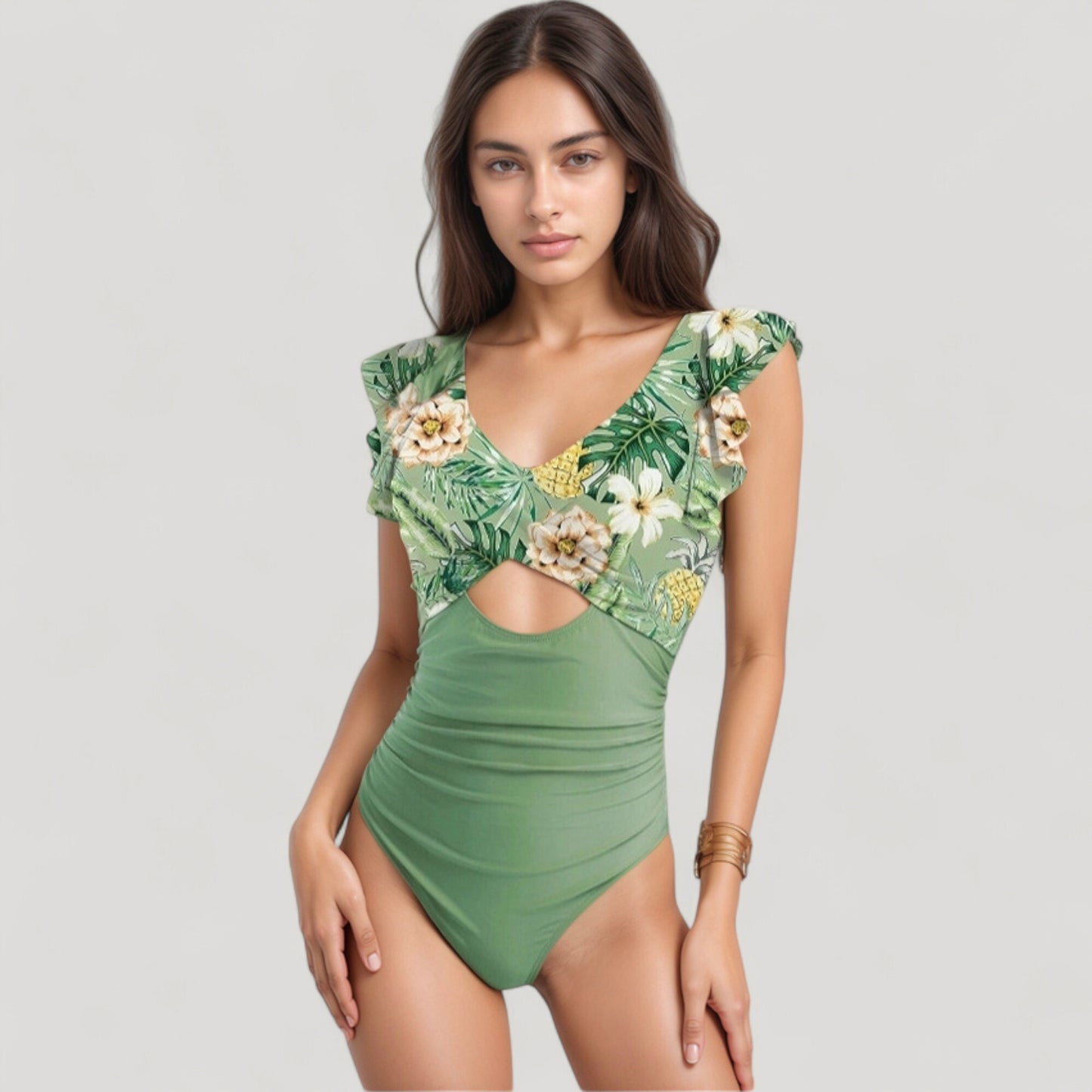 Anna-Kaci Swim Women's Ruffle Sleeve One Piece Swimsuit Cut Out Front Detail Ruched Waist Deep V Neckline