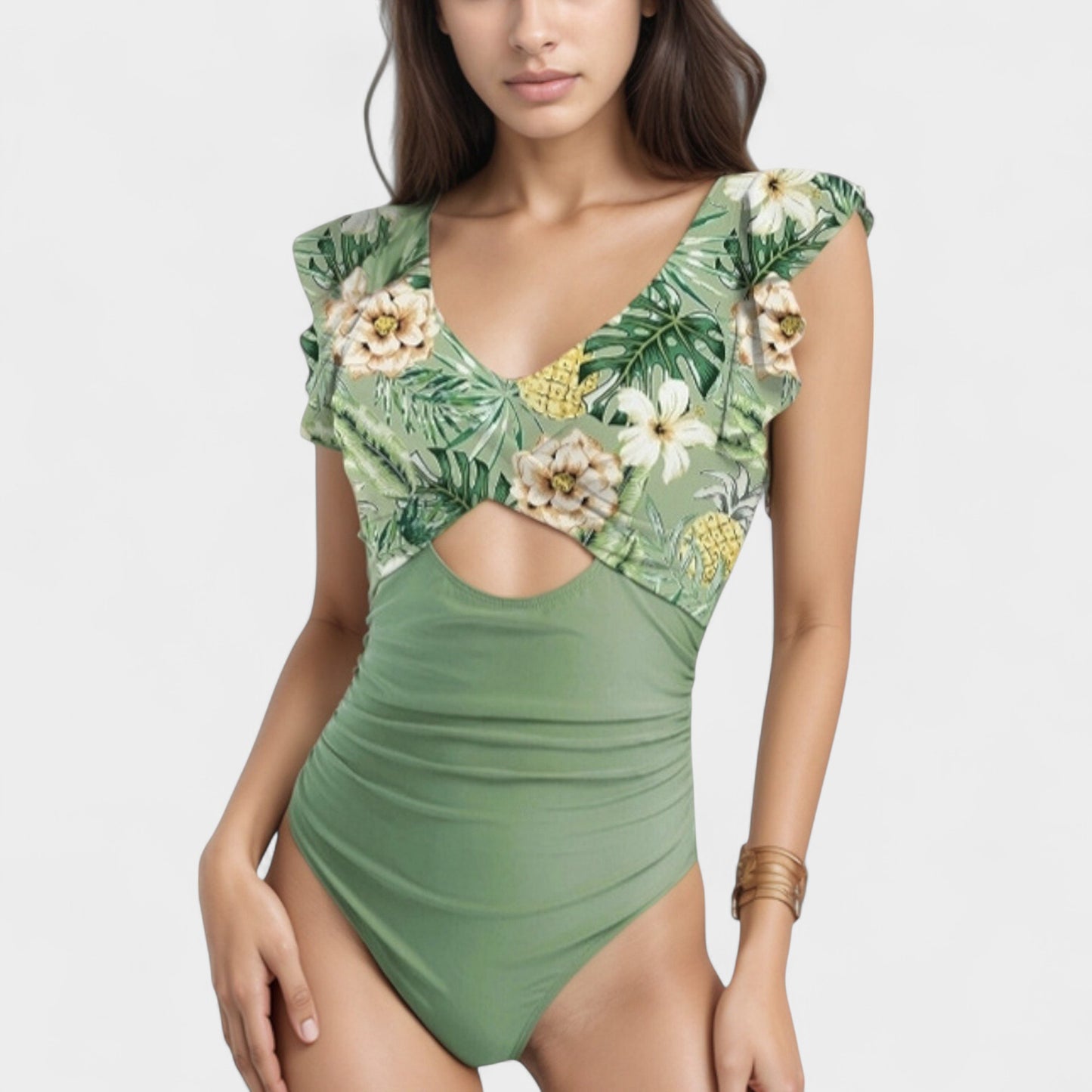 Anna-Kaci Swim Women's Ruffle Sleeve One Piece Swimsuit Cut Out Front Detail Ruched Waist Deep V Neckline