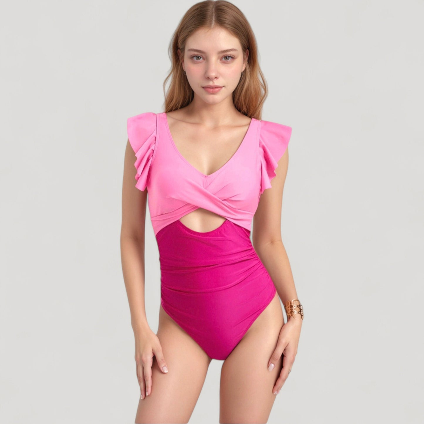 Anna-Kaci Swim Women's Ruffle Sleeve One Piece Swimsuit Cut Out Front Detail Ruched Waist Deep V Neckline
