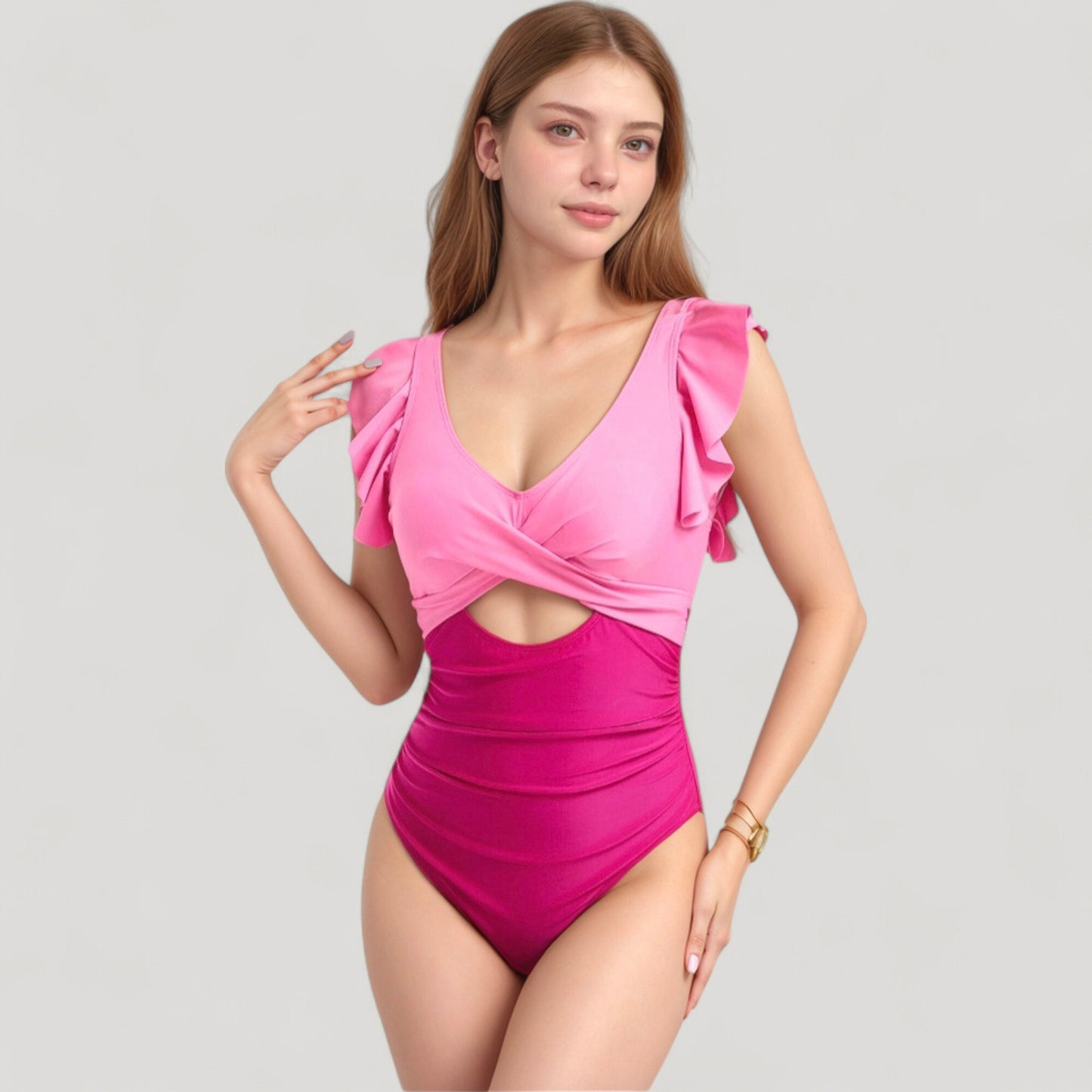 Anna-Kaci Swim Women's Ruffle Sleeve One Piece Swimsuit Cut Out Front Detail Ruched Waist Deep V Neckline