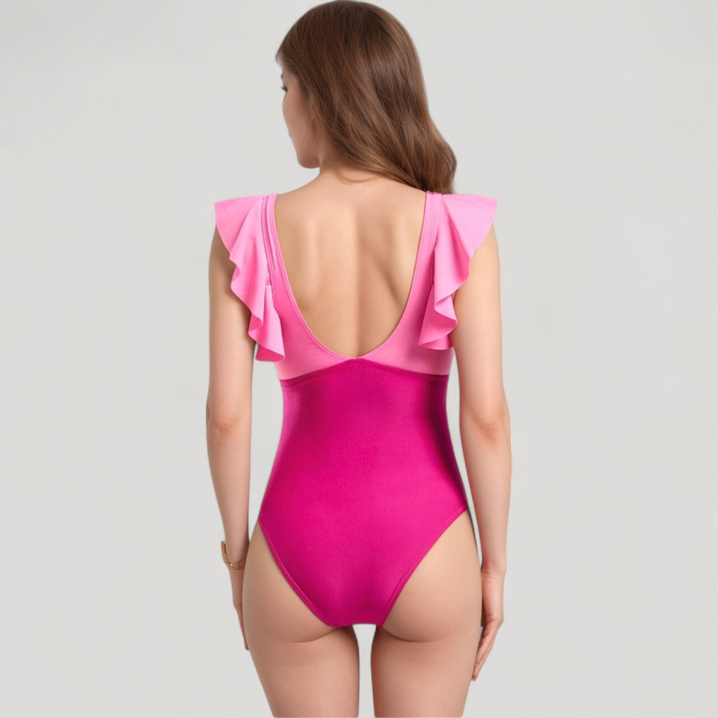 Anna-Kaci Swim Women's Ruffle Sleeve One Piece Swimsuit Cut Out Front Detail Ruched Waist Deep V Neckline