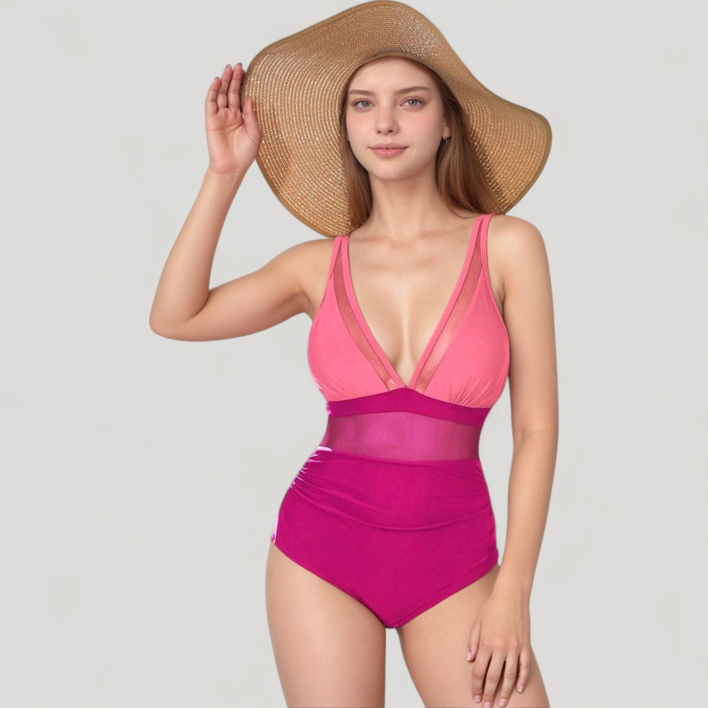 Anna-Kaci Swim Women's Deep V Mesh Panel One Piece Swimsuit with Sheer Waist Detail and Adjustable Straps