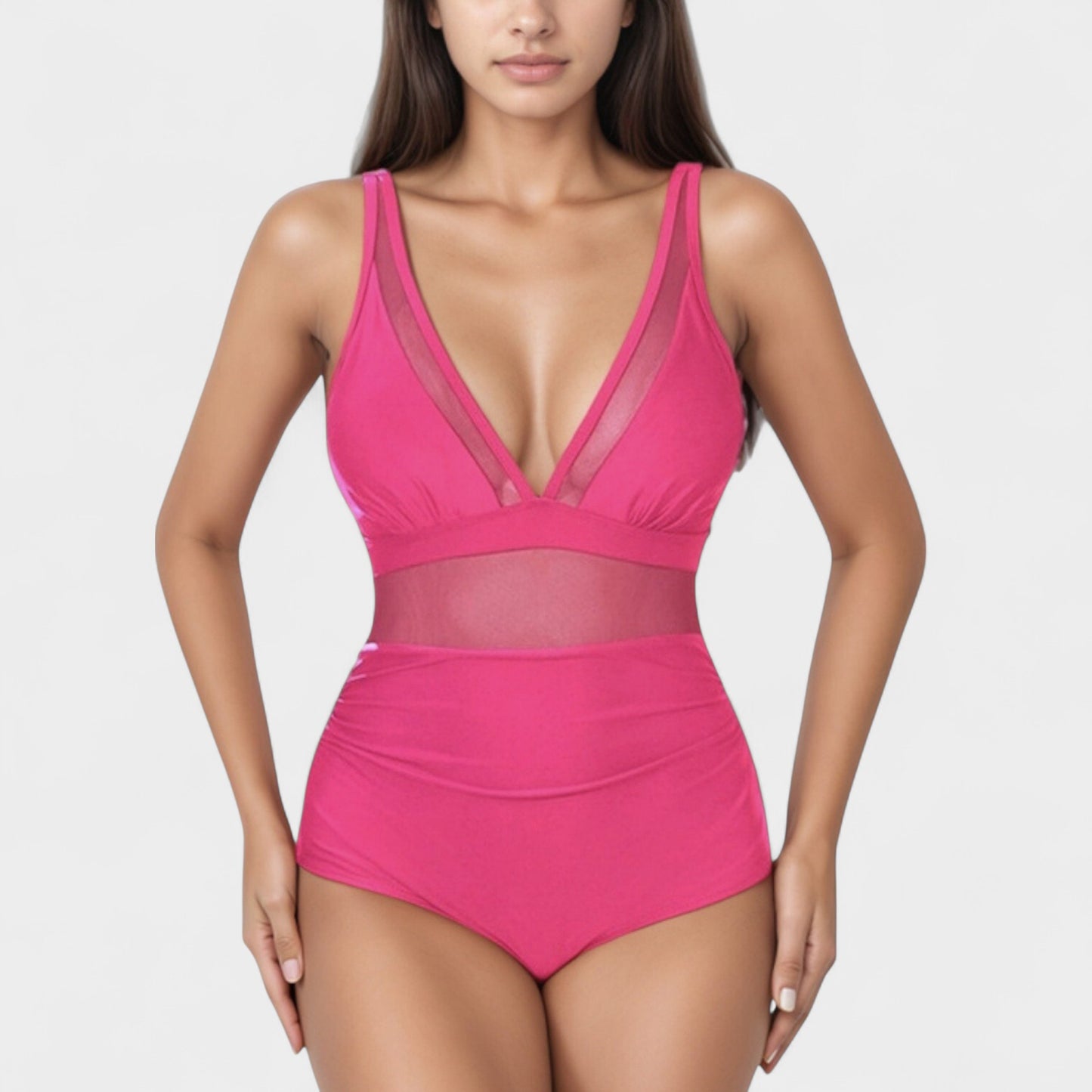 Anna-Kaci Swim Women's Deep V Mesh Panel One Piece Swimsuit with Sheer Waist Detail and Adjustable Straps