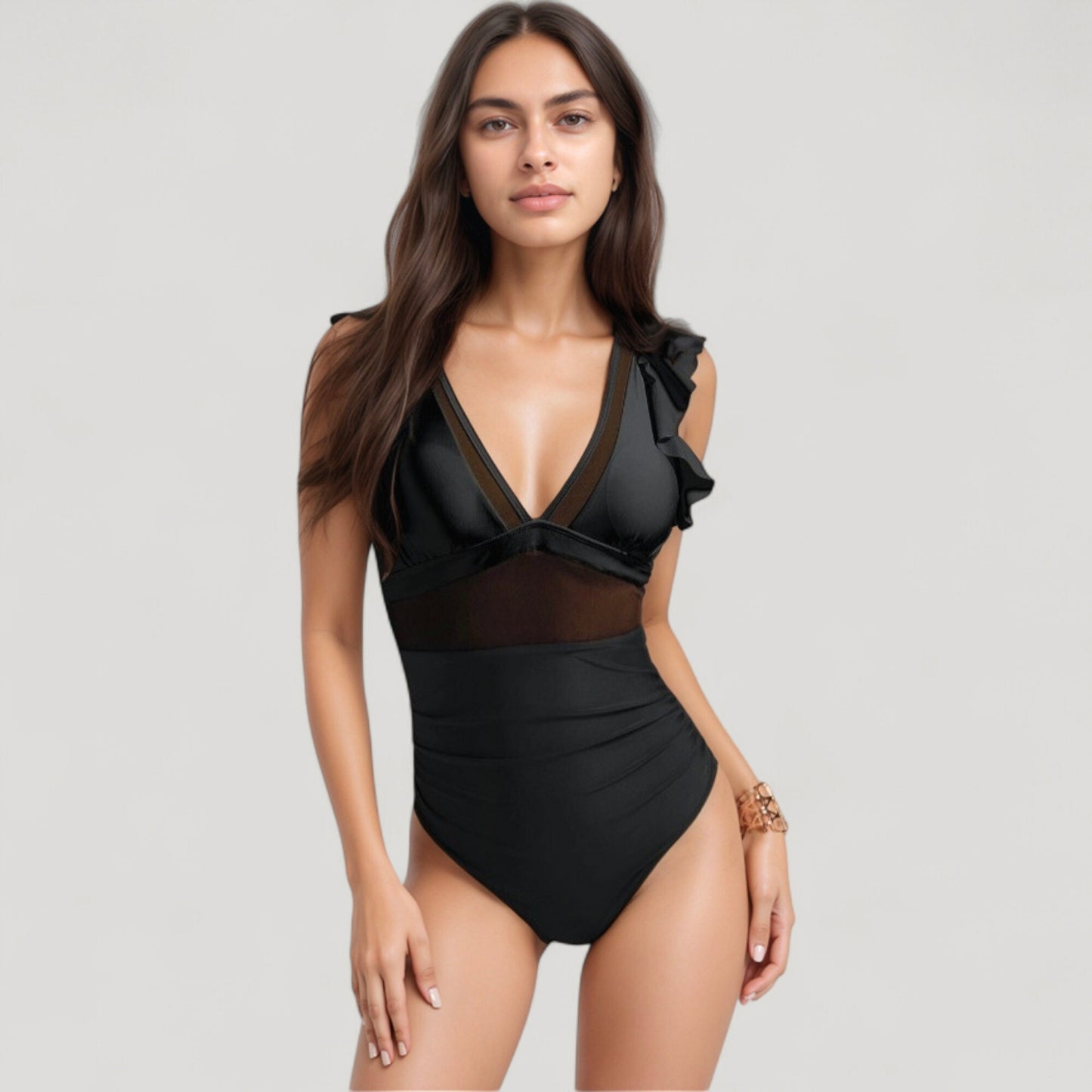 Anna-Kaci Swim Women's Mesh Panel One Piece Swimsuit with Ruffle Shoulder Detail and Deep V Neckline