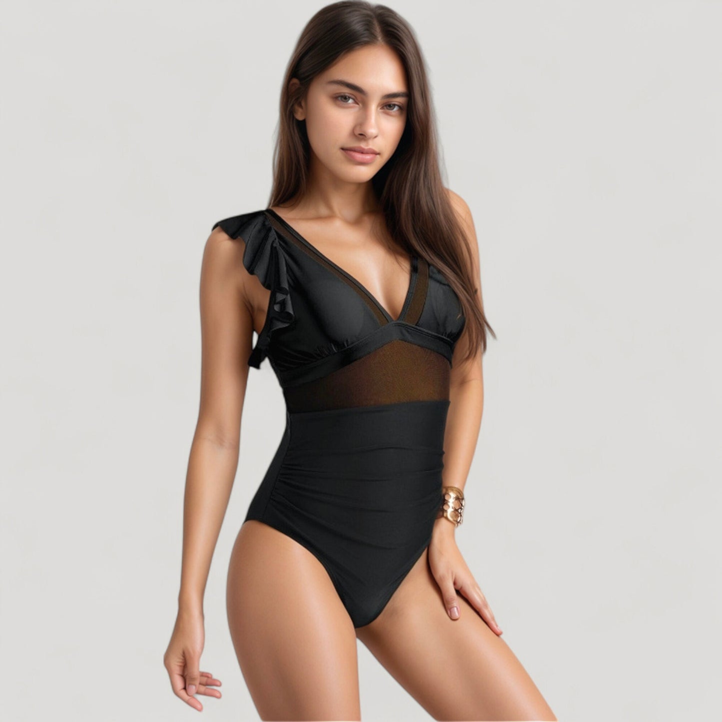 Anna-Kaci Swim Women's Mesh Panel One Piece Swimsuit with Ruffle Shoulder Detail and Deep V Neckline