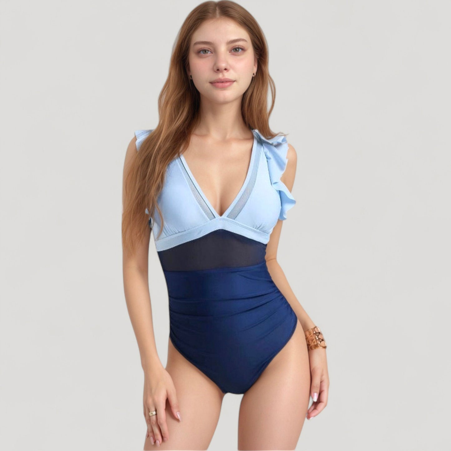 Anna-Kaci Swim Women's Mesh Panel One Piece Swimsuit with Ruffle Shoulder Detail and Deep V Neckline
