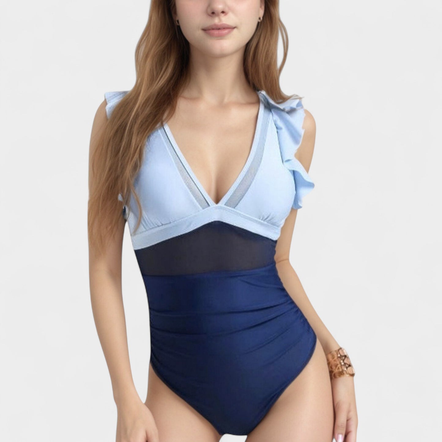 Anna-Kaci Swim Women's Mesh Panel One Piece Swimsuit with Ruffle Shoulder Detail and Deep V Neckline