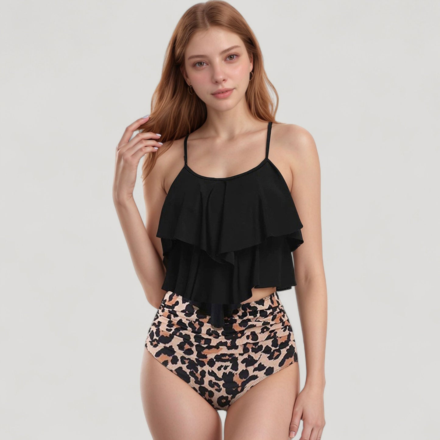 Anna-Kaci Swim Women's Tiered Ruffle Tankini Top with Adjustable Straps and High Waist Palm Tree Print Bottoms