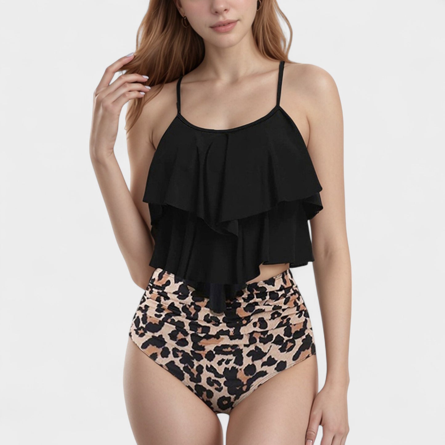 Anna-Kaci Swim Women's Tiered Ruffle Tankini Top with Adjustable Straps and High Waist Palm Tree Print Bottoms