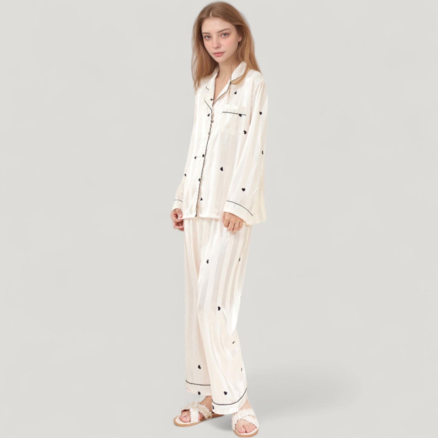 Anna-Kaci Lounge Women's Heart Embroidered Pajama Set with Long Sleeve Button-Up Top and Matching Full-Length Lounge Pants