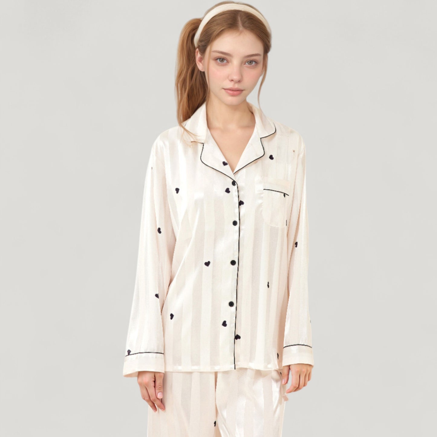 Anna-Kaci Lounge Women's Heart Embroidered Pajama Set with Long Sleeve Button-Up Top and Matching Full-Length Lounge Pants