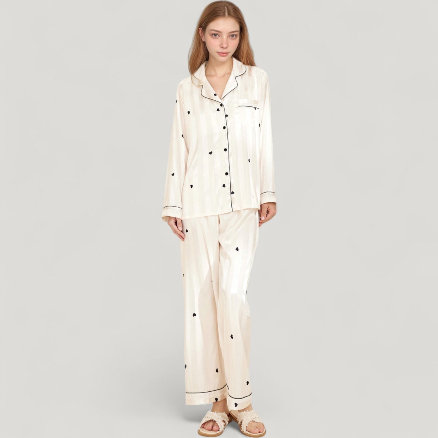 Anna-Kaci Lounge Women's Heart Embroidered Pajama Set with Long Sleeve Button-Up Top and Matching Full-Length Lounge Pants