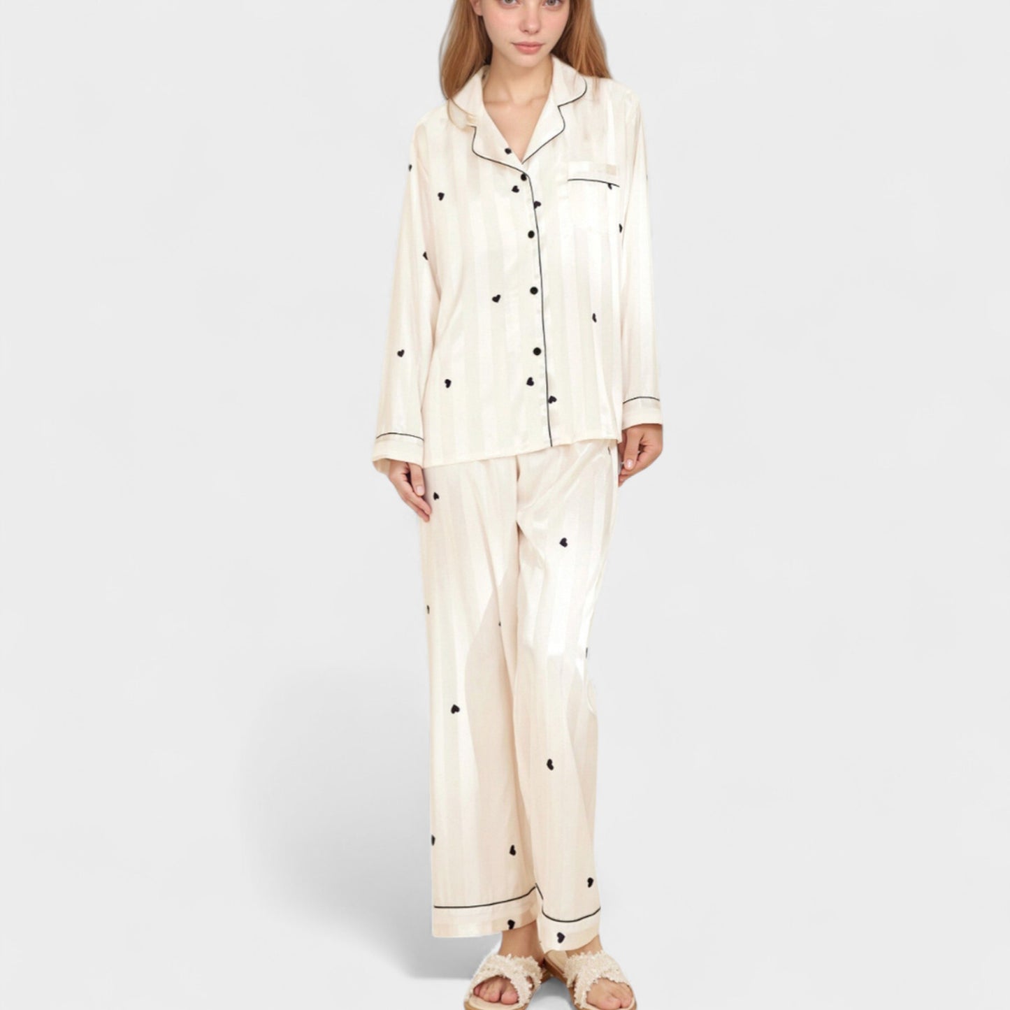 Anna-Kaci Lounge Women's Heart Embroidered Pajama Set with Long Sleeve Button-Up Top and Matching Full-Length Lounge Pants