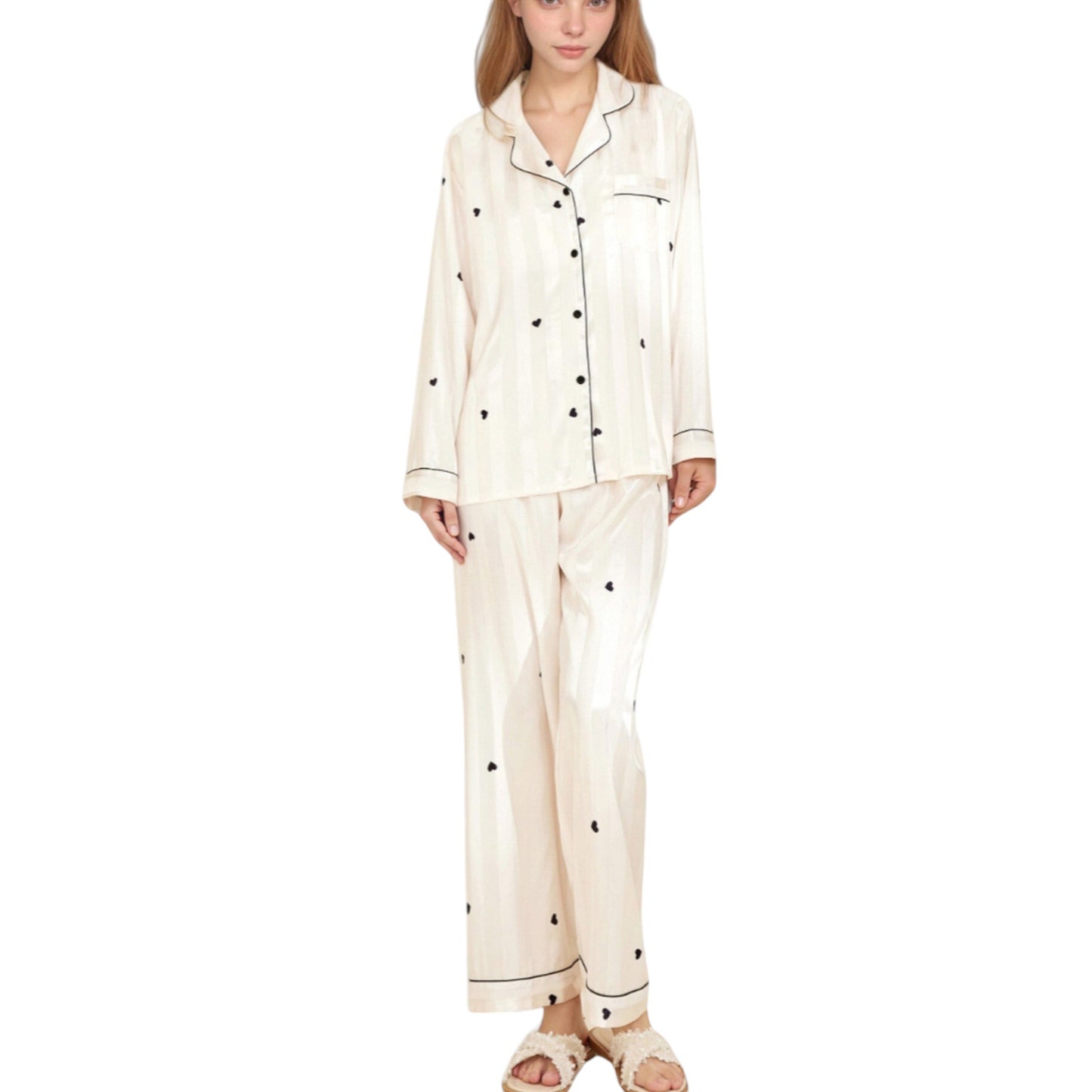 Anna-Kaci Lounge Women's Heart Embroidered Pajama Set with Long Sleeve Button-Up Top and Matching Full-Length Lounge Pants