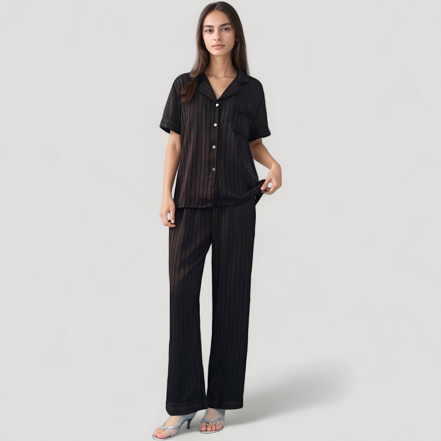 Anna-Kaci Lounge Women's Short Sleeve Button-Down Striped Pajama Top with Matching Wide Leg Pants Sleepwear Set