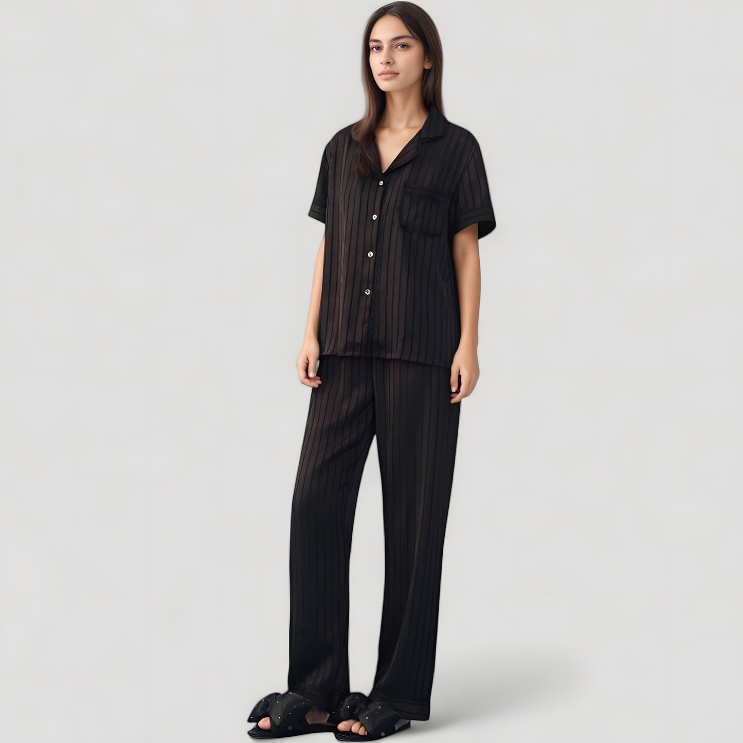 Anna-Kaci Lounge Women's Short Sleeve Button-Down Striped Pajama Top with Matching Wide Leg Pants Sleepwear Set