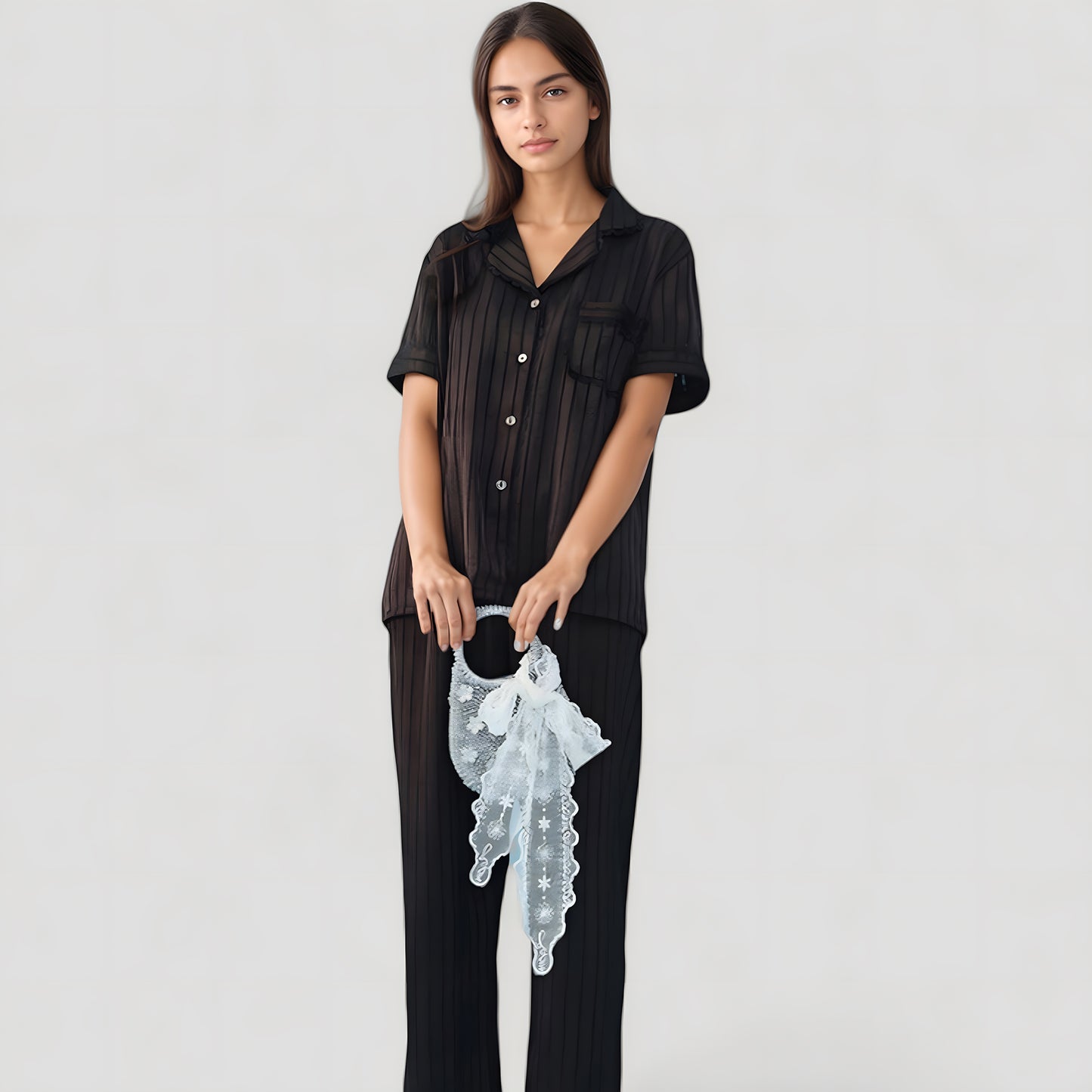 Anna-Kaci Lounge Women's Short Sleeve Button-Down Striped Pajama Top with Matching Wide Leg Pants Sleepwear Set