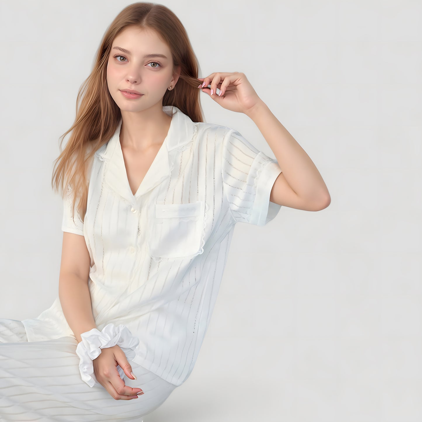 Anna-Kaci Lounge Women's Short Sleeve Button-Down Striped Pajama Top with Matching Wide Leg Pants Sleepwear Set