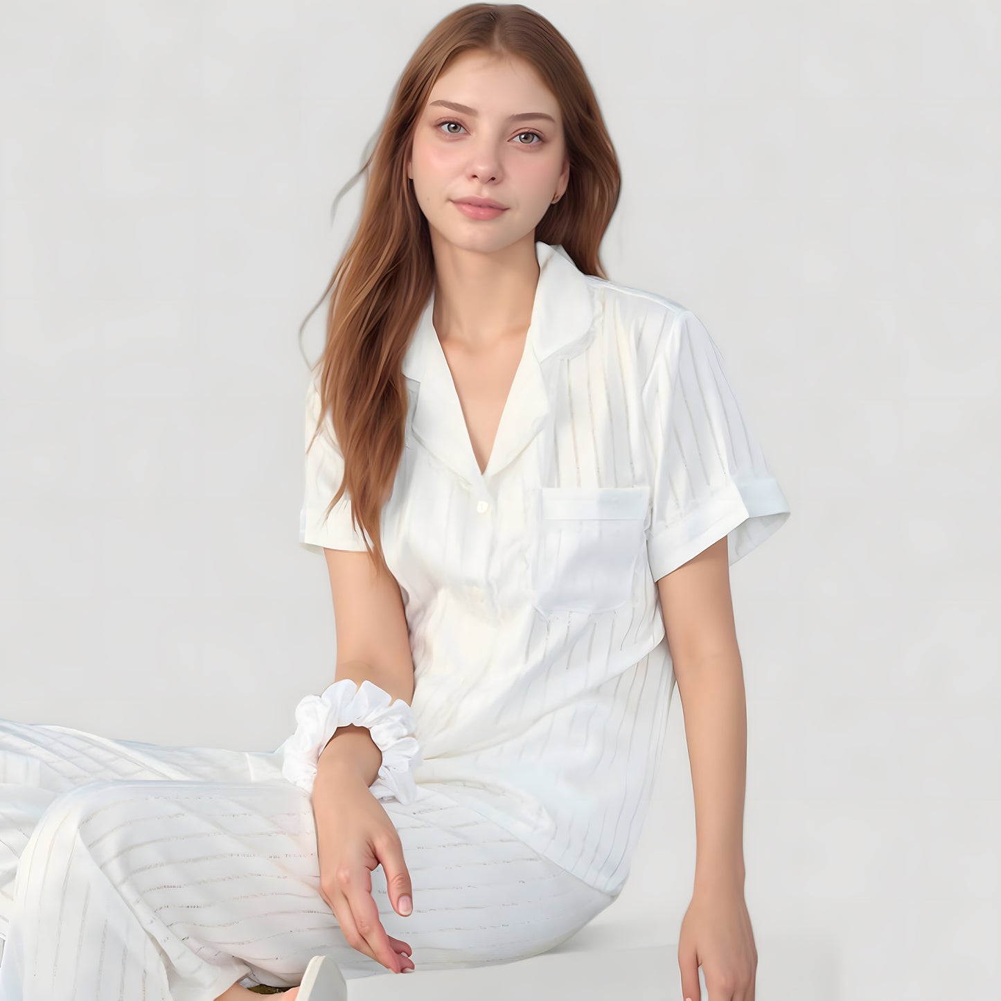 Anna-Kaci Lounge Women's Short Sleeve Button-Down Striped Pajama Top with Matching Wide Leg Pants Sleepwear Set