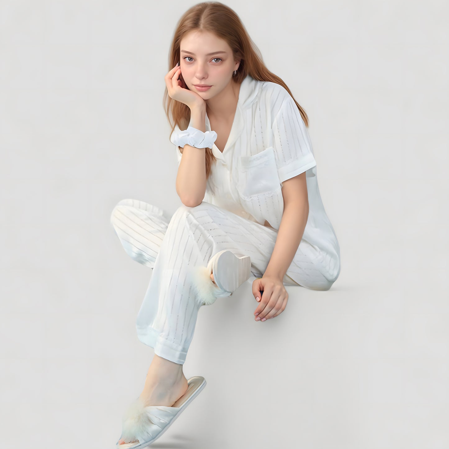 Anna-Kaci Lounge Women's Short Sleeve Button-Down Striped Pajama Top with Matching Wide Leg Pants Sleepwear Set