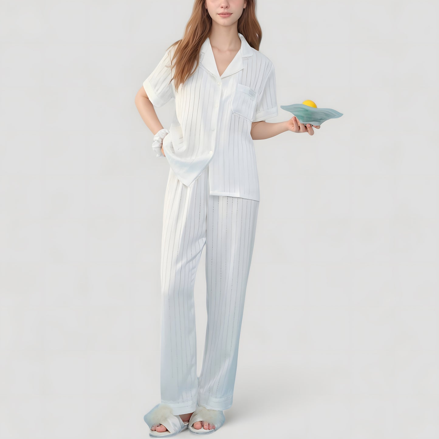 Anna-Kaci Lounge Women's Short Sleeve Button-Down Striped Pajama Top with Matching Wide Leg Pants Sleepwear Set