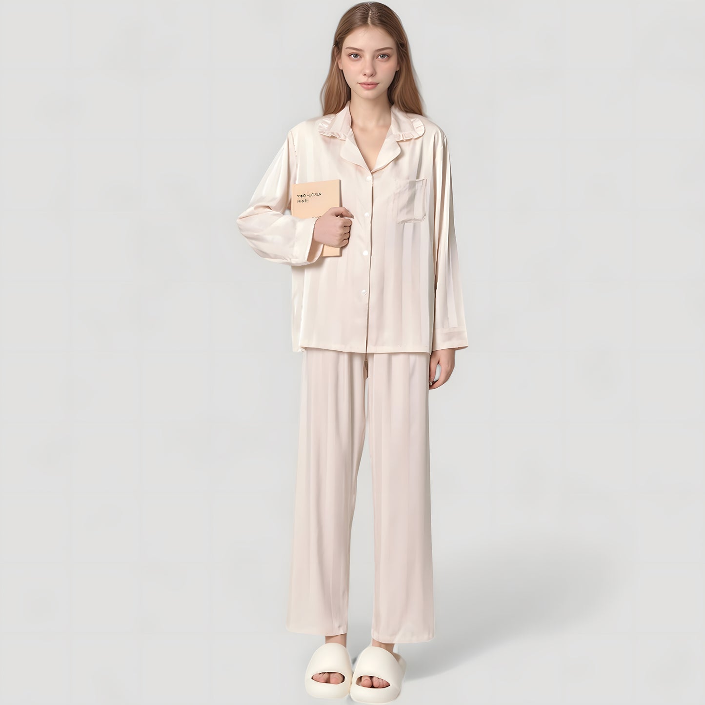 Anna-Kaci Lounge Women's Long Sleeve Button-Down Satin Pajama Top with Ruffle Collar and Wide Leg Pants Sleepwear Set