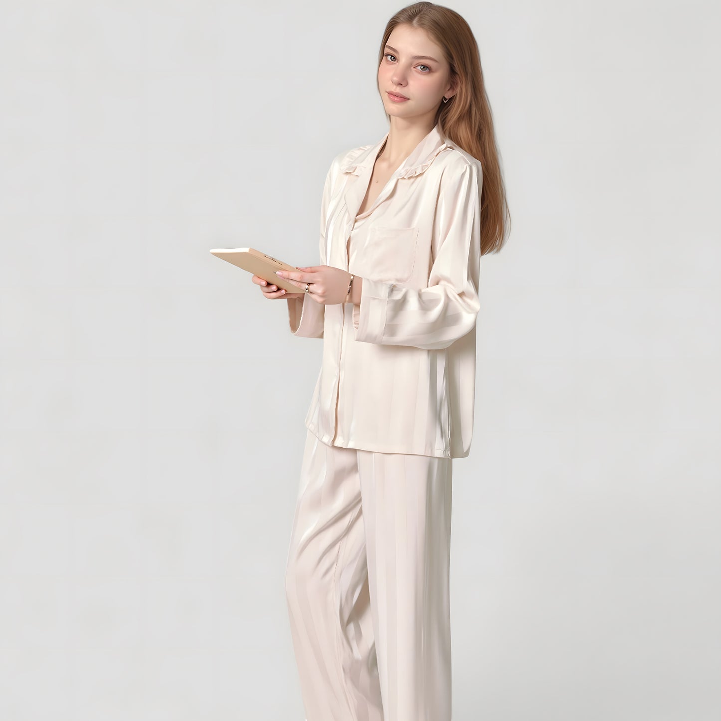 Anna-Kaci Lounge Women's Long Sleeve Button-Down Satin Pajama Top with Ruffle Collar and Wide Leg Pants Sleepwear Set