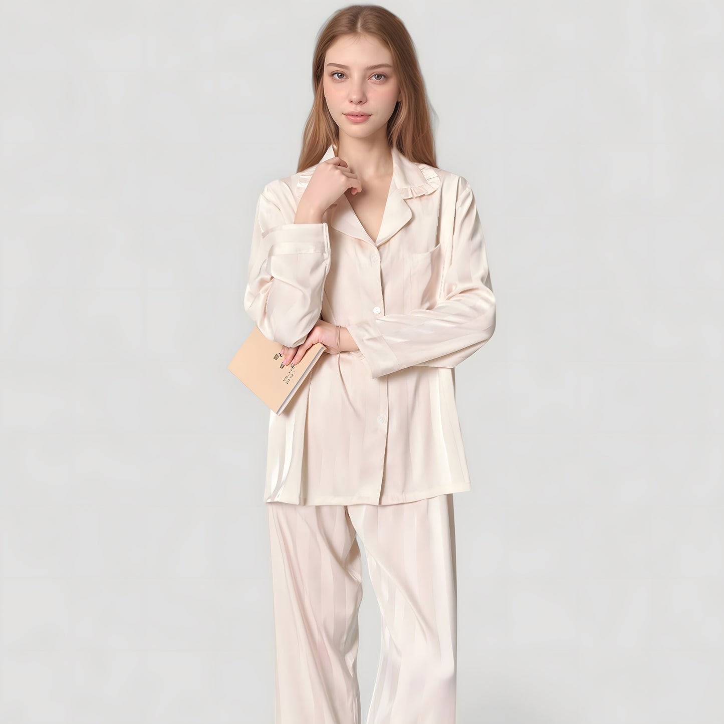Anna-Kaci Lounge Women's Long Sleeve Button-Down Satin Pajama Top with Ruffle Collar and Wide Leg Pants Sleepwear Set