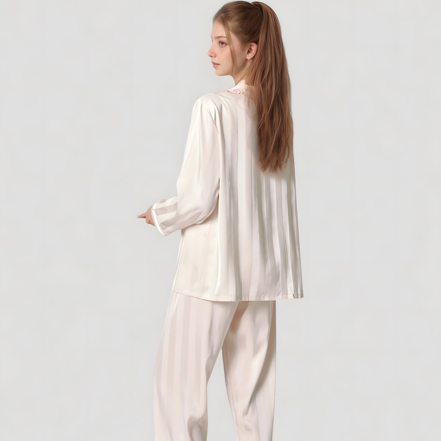 Anna-Kaci Lounge Women's Long Sleeve Button-Down Satin Pajama Top with Ruffle Collar and Wide Leg Pants Sleepwear Set